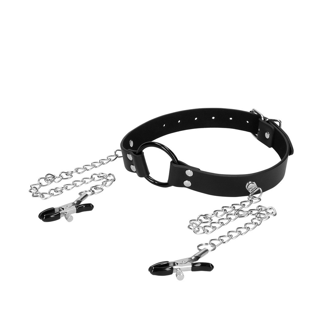 MORDAZA DE ANILLO CON PINZAS PARA PEZONES NEGRO OUCH! - Imagen 4