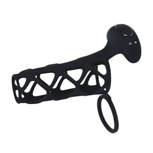 FUNDA DE SILICONA PARA EL PENE CON VIBRACIÓN Y ANILLO PARA LOS TESTÍCULOS NEGRO LEVELZ